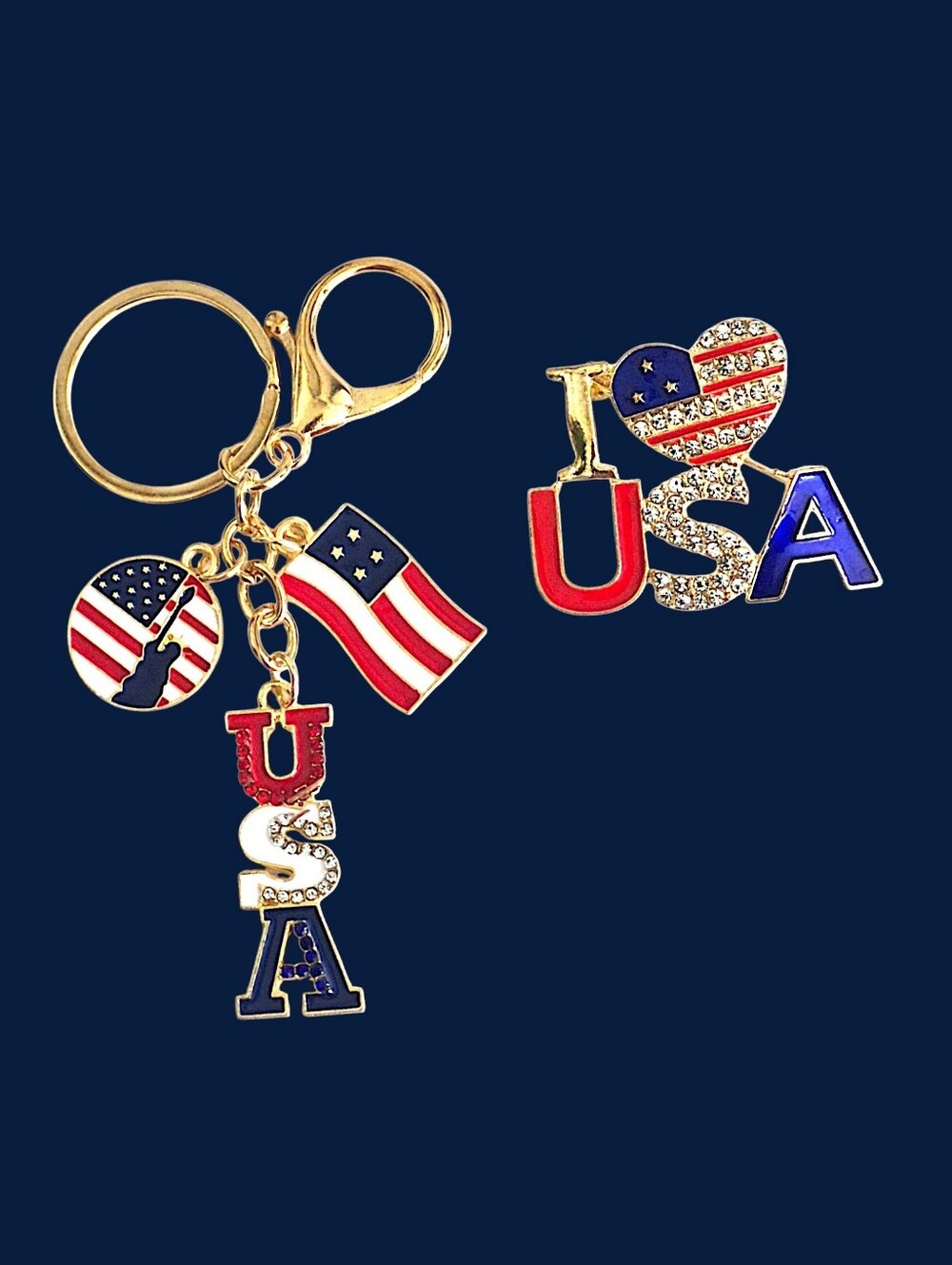 Patriotic USA Bag Charm / Keychain and Pin Set - Red White Blue & Gold